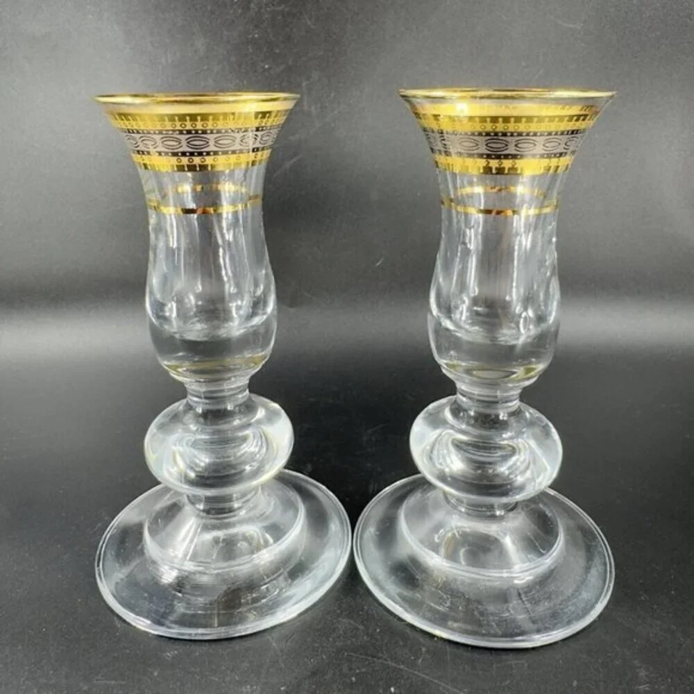 Vintage Glass Candlestick Holder Set 2 Clear Crystal With Gold Painted Decor Top